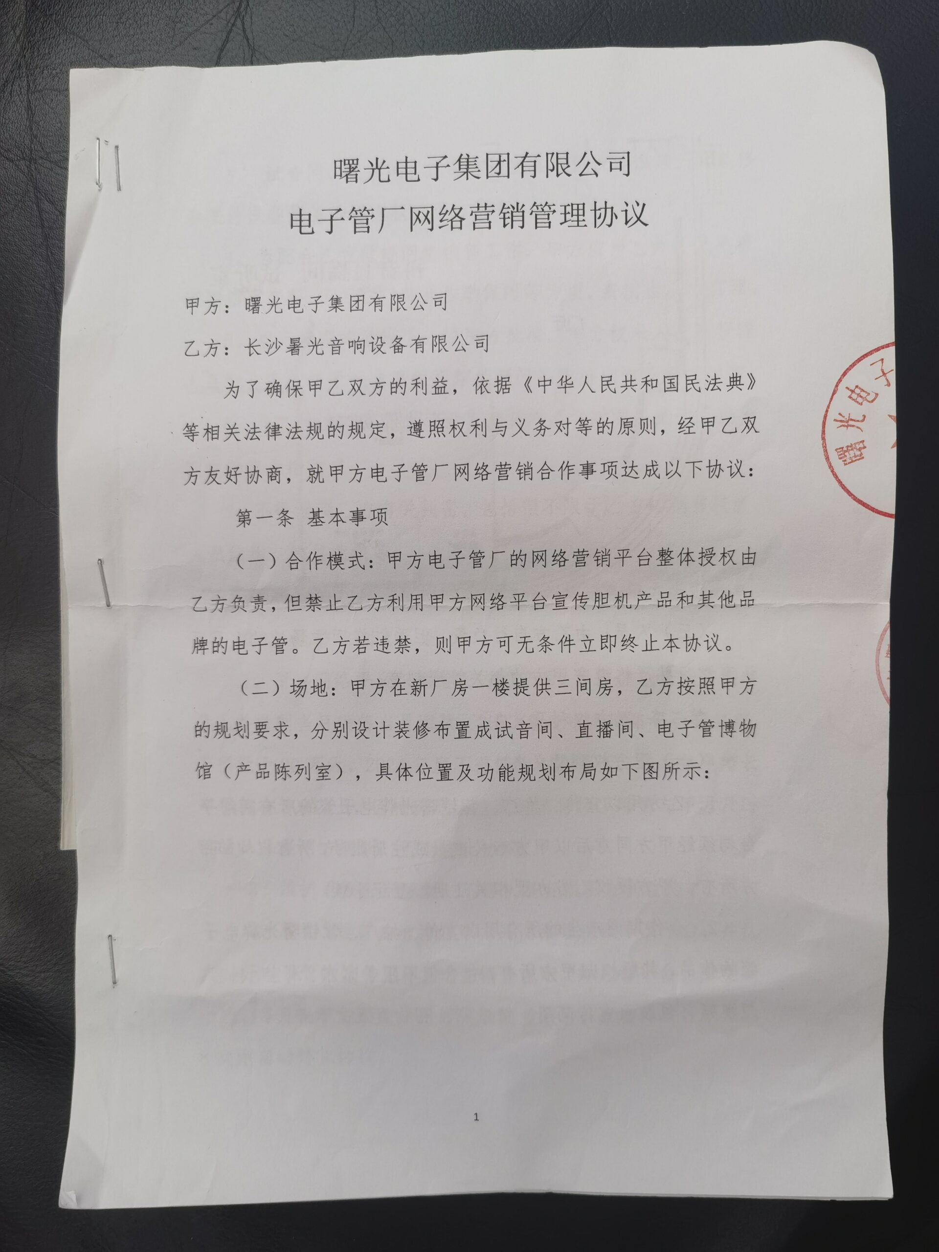 Network Marketing Management Agreement between Shuguang Electron Group Co., Ltd. and Changsha Shuguang Audio Equipment Co., Ltd. (page 1)